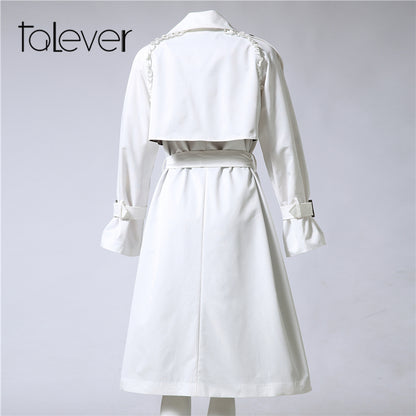 Talever Autumn Winter Trench Coat for Women Adjustable Waist Slim Solid Black Coat White Long Trench Female Outerwear Plus Size