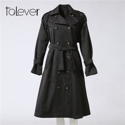 Talever Autumn Winter Trench Coat for Women Adjustable Waist Slim Solid Black Coat White Long Trench Female Outerwear Plus Size