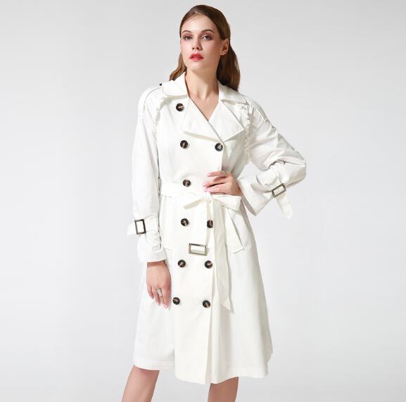 Talever Autumn Winter Trench Coat for Women Adjustable Waist Slim Solid Black Coat White Long Trench Female Outerwear Plus Size