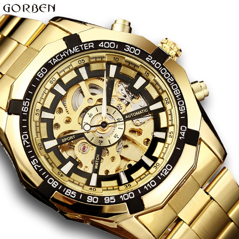 Top Luxury Gold Automatic Mechanical Watches Men Skeleton Stainless Steel Self Wind Wrist Watch Men Hand Clock relogio masculino