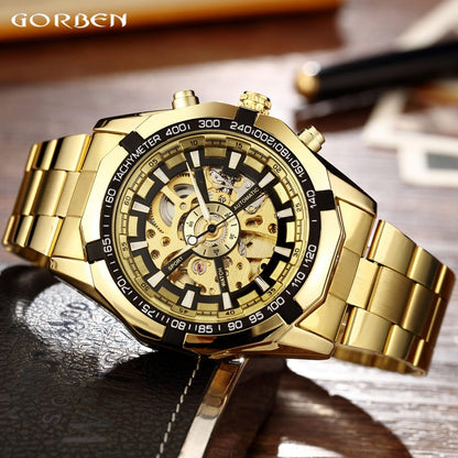 Top Luxury Gold Automatic Mechanical Watches Men Skeleton Stainless Steel Self Wind Wrist Watch Men Hand Clock relogio masculino