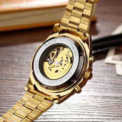 Top Luxury Gold Automatic Mechanical Watches Men Skeleton Stainless Steel Self Wind Wrist Watch Men Hand Clock relogio masculino