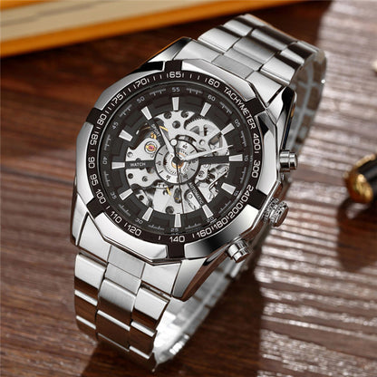 Top Luxury Gold Automatic Mechanical Watches Men Skeleton Stainless Steel Self Wind Wrist Watch Men Hand Clock relogio masculino