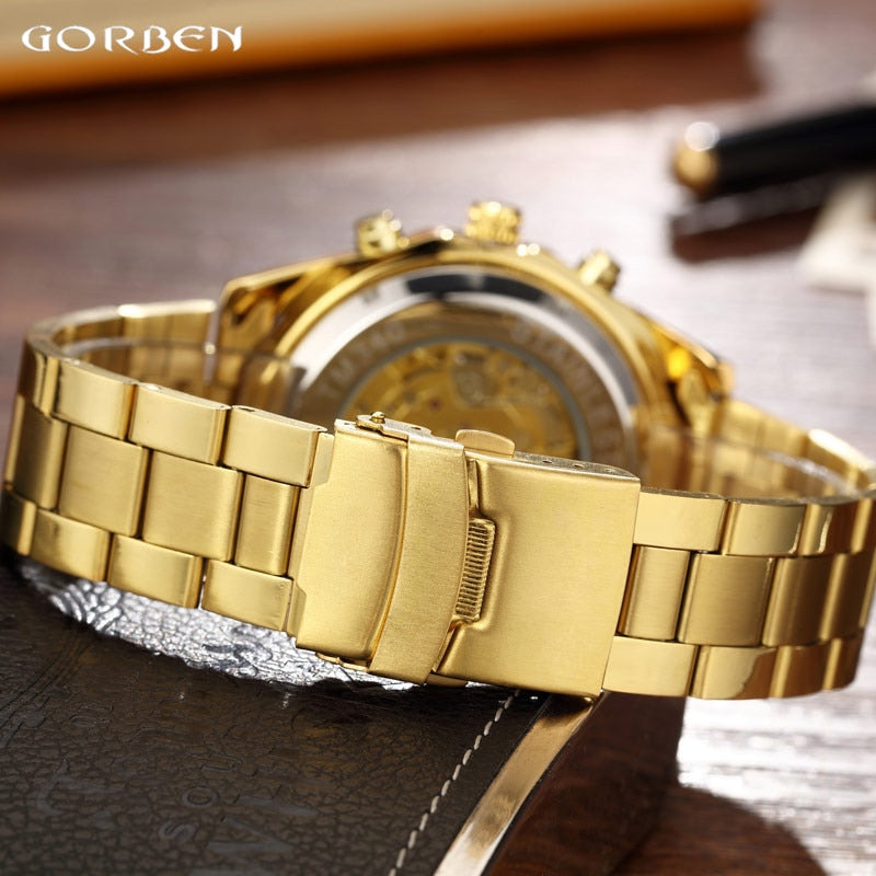 Top Luxury Gold Automatic Mechanical Watches Men Skeleton Stainless Steel Self Wind Wrist Watch Men Hand Clock relogio masculino