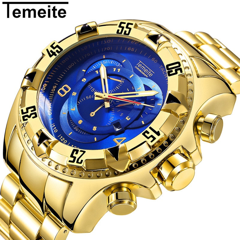 Top Luxury Gold Watch Men Big Watches Golden Stainless Steel Military Wristwatch Big Dial Clock Male Army relogio masculino New