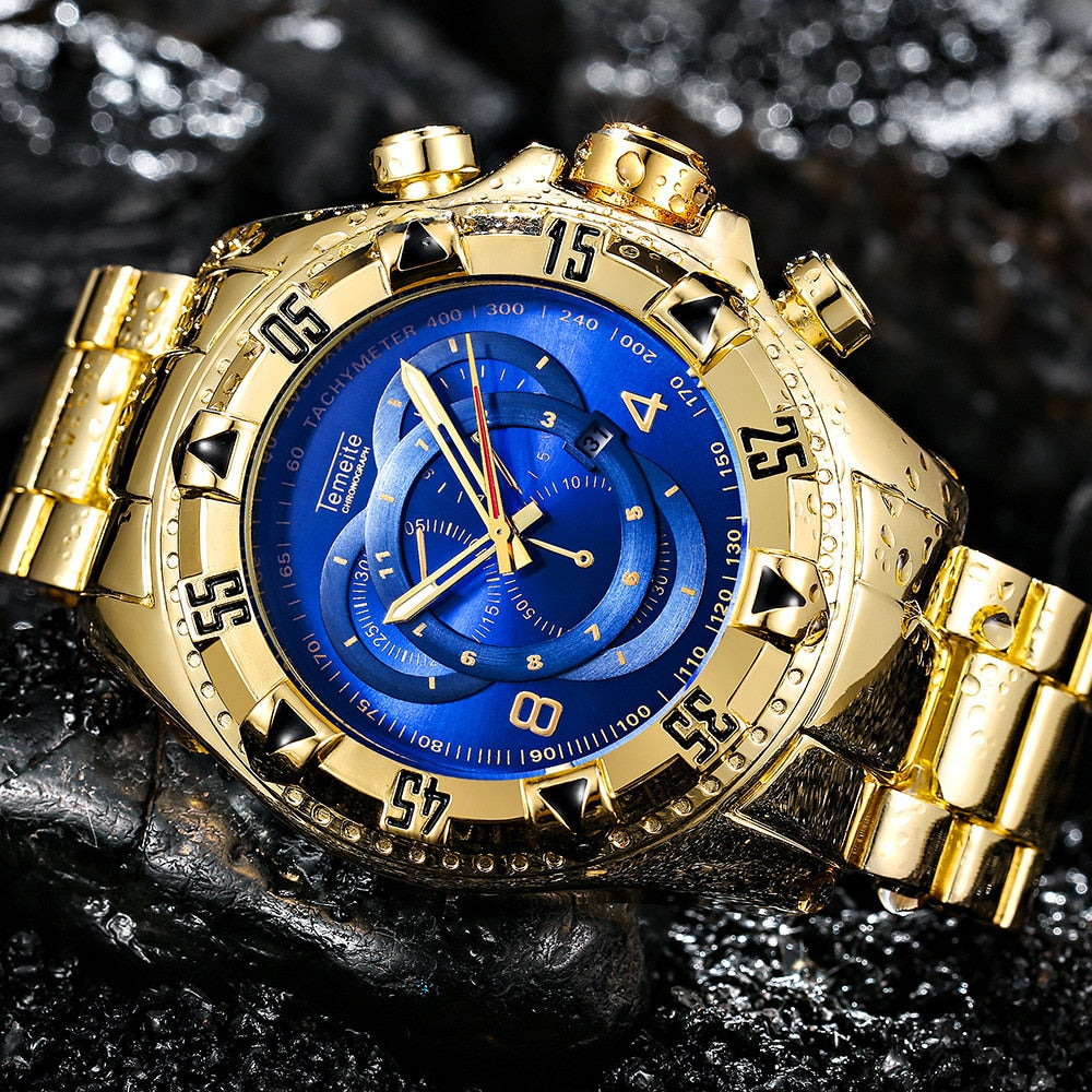 Top Luxury Gold Watch Men Big Watches Golden Stainless Steel Military Wristwatch Big Dial Clock Male Army relogio masculino New