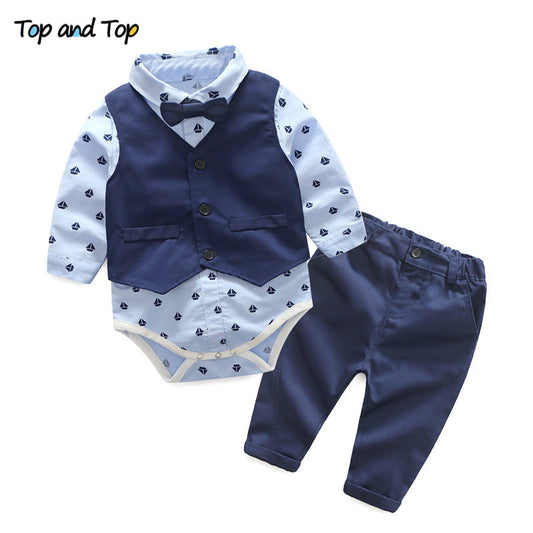 Top and Top Autumn Fashion infant clothing Baby Suit Baby Boys Clothes Gentleman Bow Tie Rompers + Vest + pants Baby Set