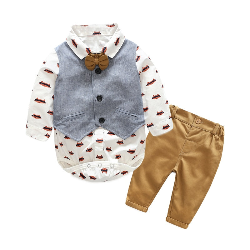 Top and Top Autumn Fashion infant clothing Baby Suit Baby Boys Clothes Gentleman Bow Tie Rompers + Vest + pants Baby Set