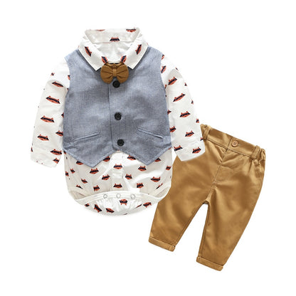 Top and Top Autumn Fashion infant clothing Baby Suit Baby Boys Clothes Gentleman Bow Tie Rompers + Vest + pants Baby Set