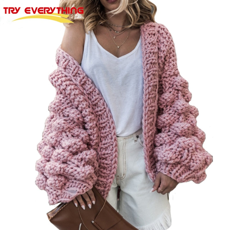 TryEverything Pink Coarse Knitted Sweater Women 2018 Winter Fashion Lantern Sleeve Cardigan Female Open Front Korea Sweater Coat