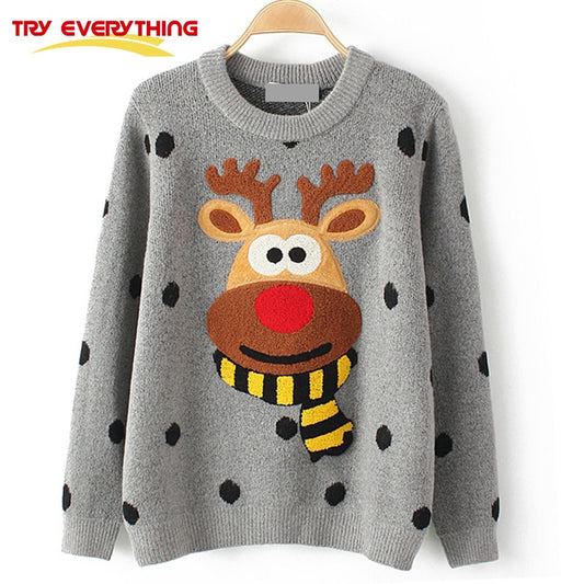 TryEverything Ugly Christmas Deer Sweater Women Winter 2017Cotton O Neck Gray Jumper Knitted Pullover Sweater Female Long Sleeve