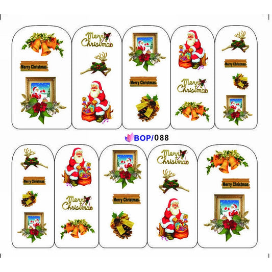 UPRETTEGO NAIL ART WATER DECAL SLIDER NAIL STICKER XMAS CHRISTMAS SANTA CLAUSE BELL SNOW MAN TREE CAP BOP088-095