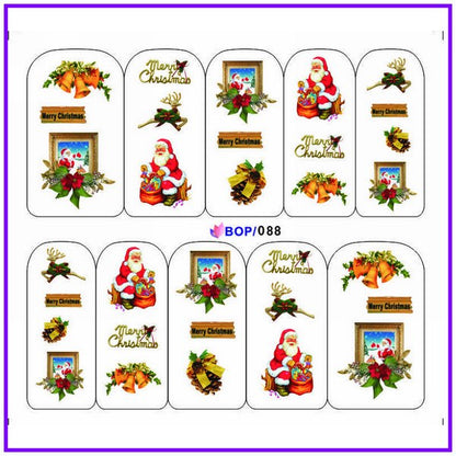 UPRETTEGO NAIL ART WATER DECAL SLIDER NAIL STICKER XMAS CHRISTMAS SANTA CLAUSE BELL SNOW MAN TREE CAP BOP088-095