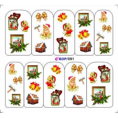 UPRETTEGO NAIL ART WATER DECAL SLIDER NAIL STICKER XMAS CHRISTMAS SANTA CLAUSE BELL SNOW MAN TREE CAP BOP088-095