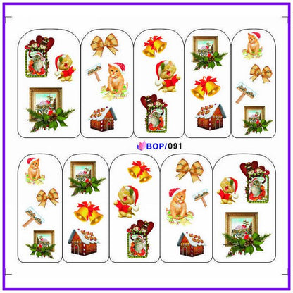 UPRETTEGO NAIL ART WATER DECAL SLIDER NAIL STICKER XMAS CHRISTMAS SANTA CLAUSE BELL SNOW MAN TREE CAP BOP088-095