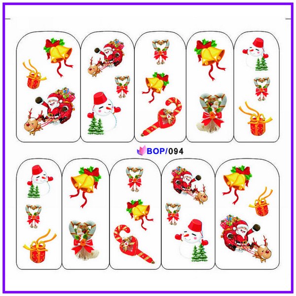 UPRETTEGO NAIL ART WATER DECAL SLIDER NAIL STICKER XMAS CHRISTMAS SANTA CLAUSE BELL SNOW MAN TREE CAP BOP088-095