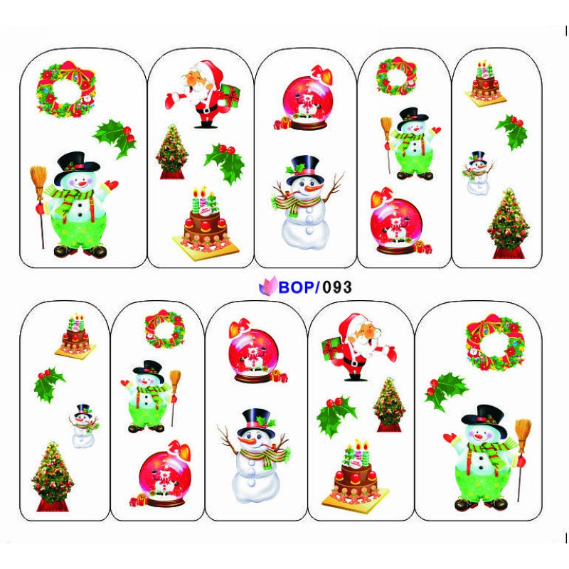 UPRETTEGO NAIL ART WATER DECAL SLIDER NAIL STICKER XMAS CHRISTMAS SANTA CLAUSE BELL SNOW MAN TREE CAP BOP088-095