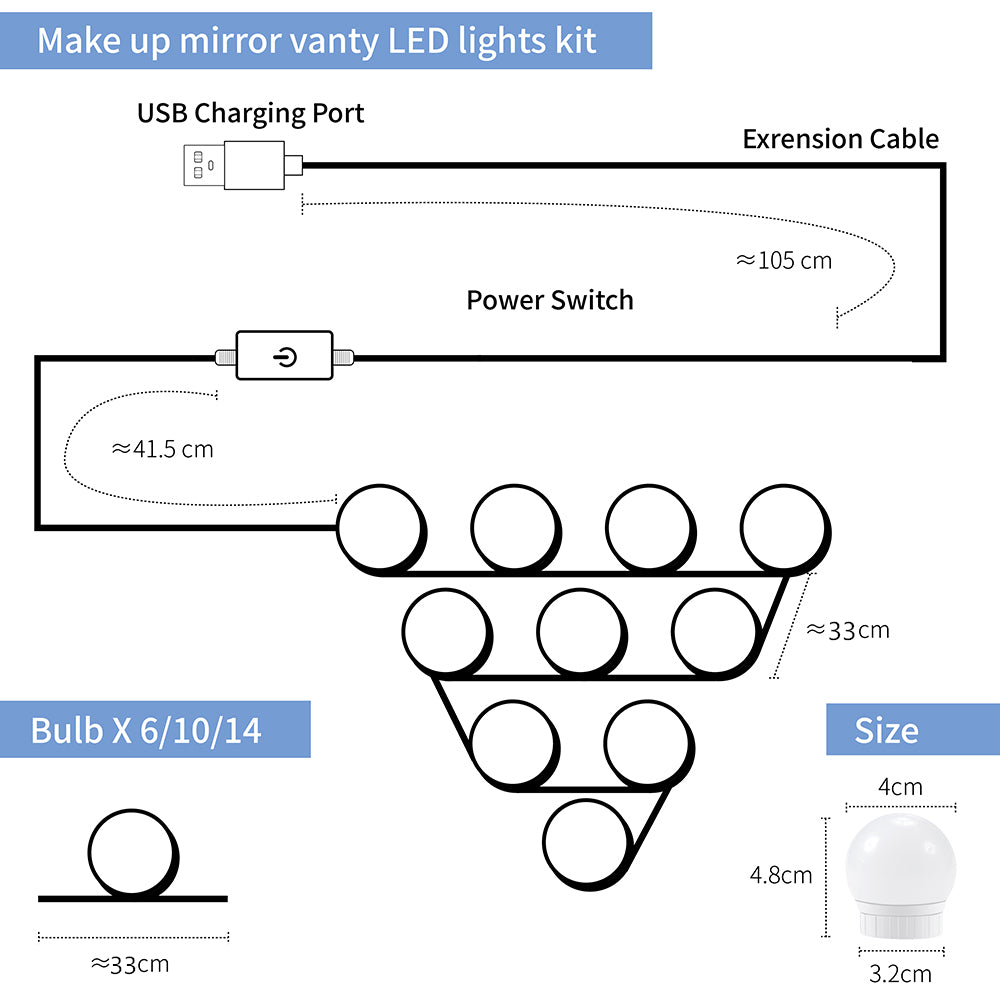 USB Led Lamp For Makeup 6 10 14Bulbs dressing table lighting 12V Stepless Dimmable Hollywood Vanity Mirror LED Light 12W 16W 20W