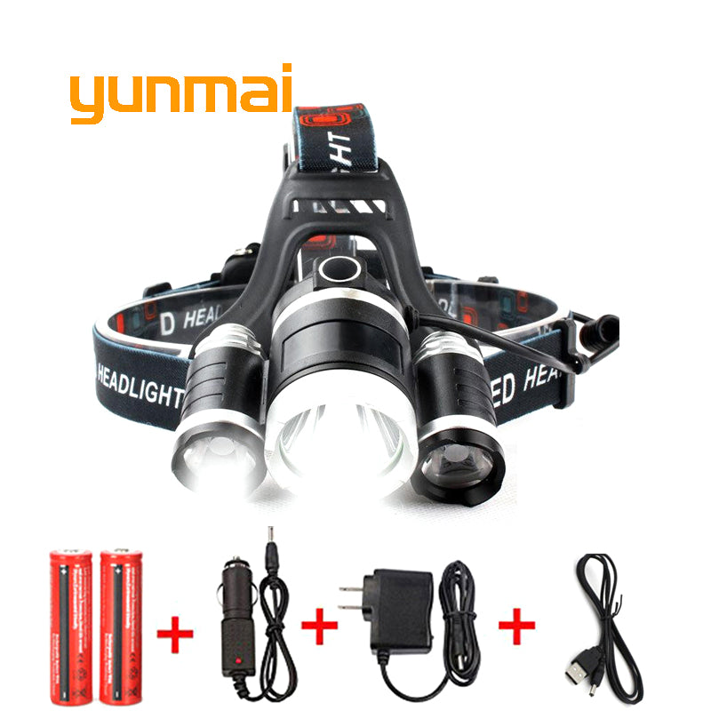 USB Power Led Headlight Headlamp 10000 lumen 3*Cree xml t6 Rechargeable Head Lamp Torch 18650 Battery Hunting Fishing Light