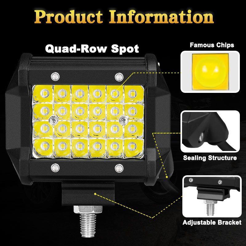 VISORAK 4" 72W Spot LED Work Light Bar 12V 24V Offroad LED Light Bar Car 4X4 4WD Truck SUV ATV Trailer Pickup Driving LED Beams