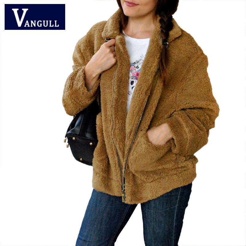 Vangull Faux Fur Warm Winter Coat Plus Size S-2XL Women Fashion Fluffy Shaggy Cardigan Bomber Jacket Lady Coats Zipper Outwear