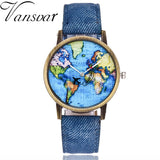 Vansvar Brand Fashion Plane And World Map Denim Fabric Band Watch Casual Women Wristwatches Quartz Watch Relogio Feminino Gift