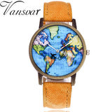 Vansvar Brand Fashion Plane And World Map Denim Fabric Band Watch Casual Women Wristwatches Quartz Watch Relogio Feminino Gift