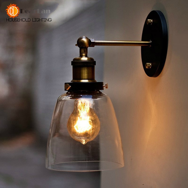 Vintage Iron American Single Head Wall Lamp Loft Study Foyer Dining Room Wall Lights Bedside Glass Wall Lamps For Bedroom