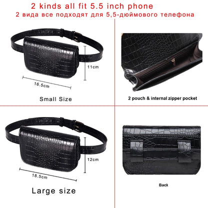 Vintage Waist Bag Women Alligator PU Leather Belt Bag Waist Pack Travel Belt Wallets Fanny Bags Ladies Fit 5.5 inches phones