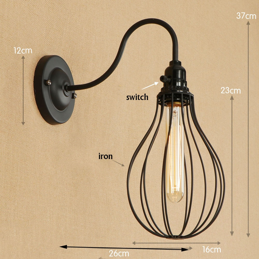 Vintage led indoor wall lamps iron cage shade edison bulb retro industria home lighting fixture for Balcony aisle bedroom beside