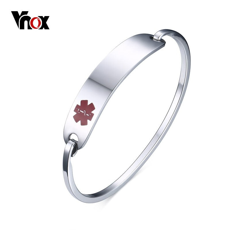 Vnox Free Engraving Stainless Steel Medical Alert ID Bangle Bracelet for Men Women Silver/Gold Color  2.36"/2.55" Diameter