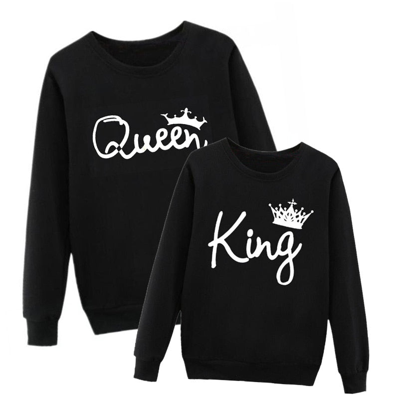 Vsenfo King Queen Couple Swetshirt Crewneck Pullover Long Sleeve Loose Hoodies Men Women Lovers Sweatshirt Hood