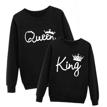 Vsenfo King Queen Couple Swetshirt Crewneck Pullover Long Sleeve Loose Hoodies Men Women Lovers Sweatshirt Hood