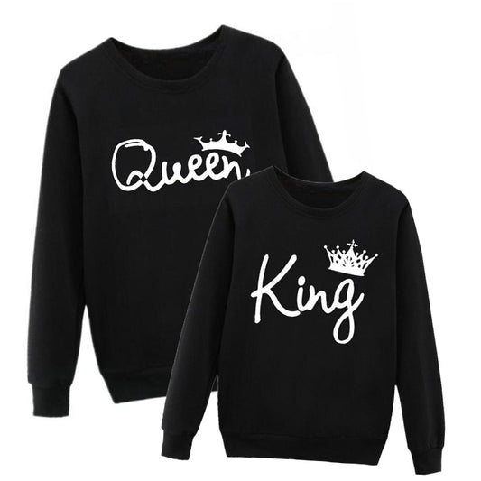 Vsenfo King Queen Couple Swetshirt Crewneck Pullover Long Sleeve Loose Hoodies Men Women Lovers Sweatshirt Hood
