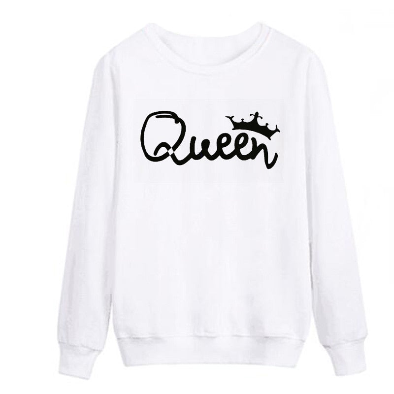 Vsenfo King Queen Couple Swetshirt Crewneck Pullover Long Sleeve Loose Hoodies Men Women Lovers Sweatshirt Hood