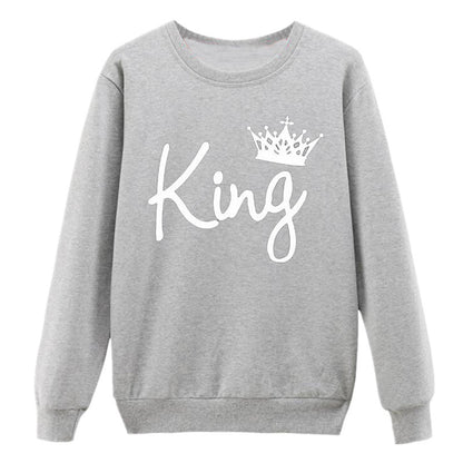 Vsenfo King Queen Couple Swetshirt Crewneck Pullover Long Sleeve Loose Hoodies Men Women Lovers Sweatshirt Hood