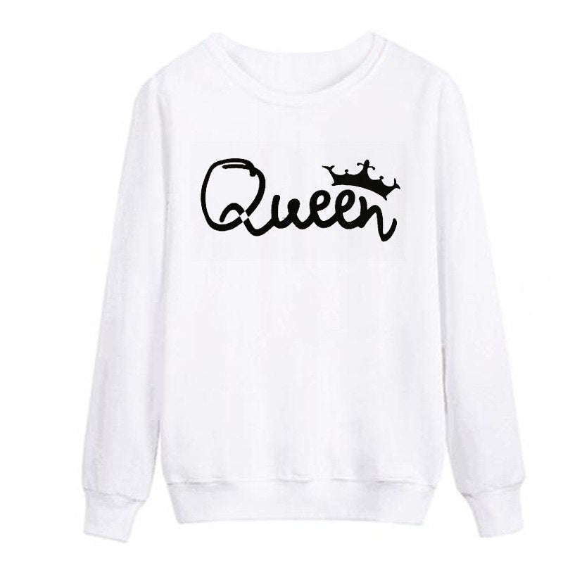 Vsenfo King Queen Couple Swetshirt Crewneck Pullover Long Sleeve Loose Hoodies Men Women Lovers Sweatshirt Hood