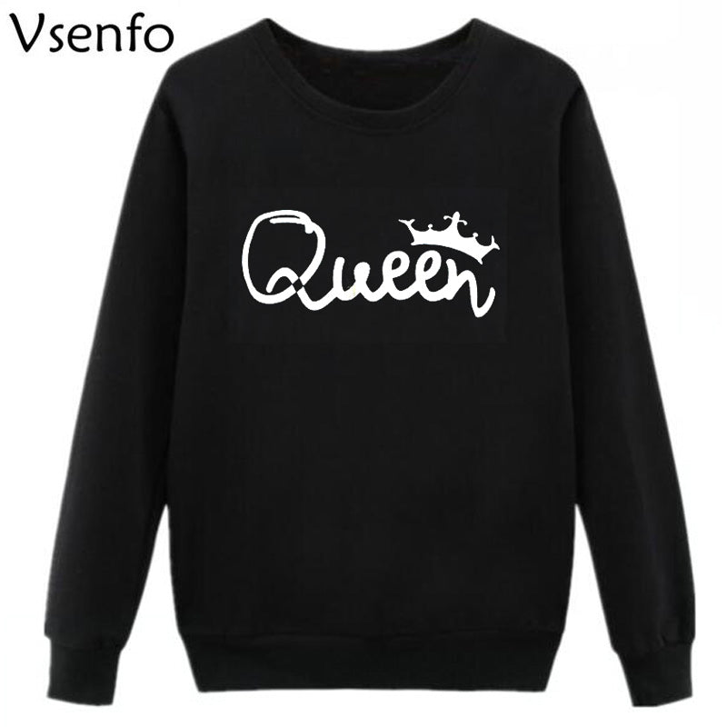 Vsenfo King Queen Couple Swetshirt Crewneck Pullover Long Sleeve Loose Hoodies Men Women Lovers Sweatshirt Hood