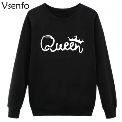 Vsenfo King Queen Couple Swetshirt Crewneck Pullover Long Sleeve Loose Hoodies Men Women Lovers Sweatshirt Hood