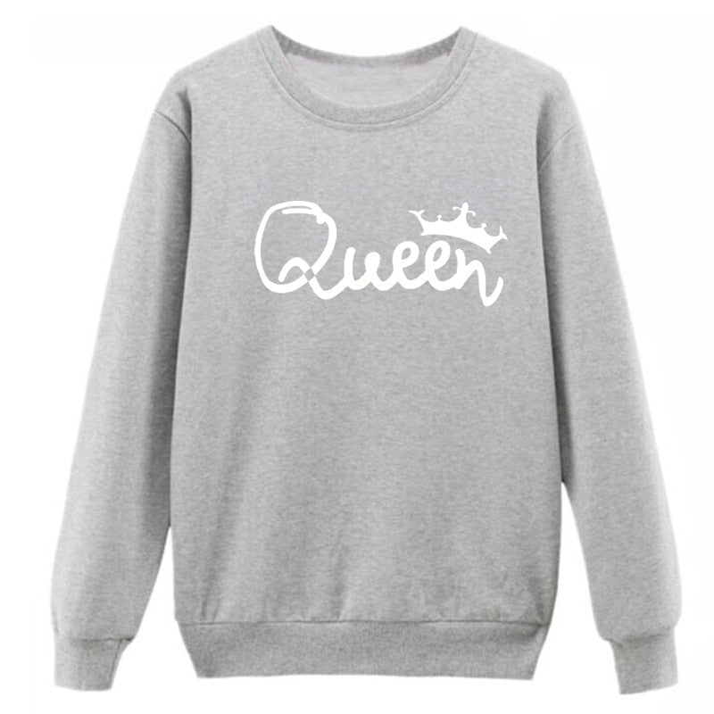 Vsenfo King Queen Couple Swetshirt Crewneck Pullover Long Sleeve Loose Hoodies Men Women Lovers Sweatshirt Hood