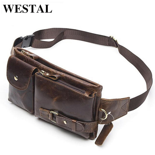 WESTAL Genuine Leather Waist Packs Fanny Pack Belt Bag Phone Pouch Bags Travel Waist Pack Male Small Waist Bag Leather Pouch