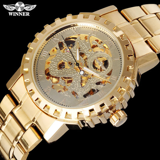 WINNER famous brand men mechanical automatic gold watches male skeleton steel fashion wristwatches dragon dial Relogio Masculino