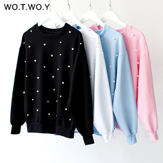 WOTWOY Autumn Winter Pearls Beading Sweatshirt Women 2018 Cotton Oversized Hoodies Women Black Pink Pullovers Female Sweatshirts