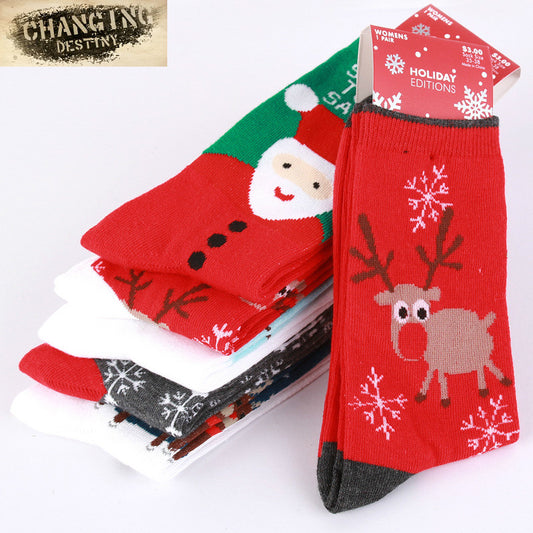 Warm Sweat and Deodorant 15 Old Man Elk Snowman Cotton Women's Socks In The Tube New Year Christmas  Festive Red Sock