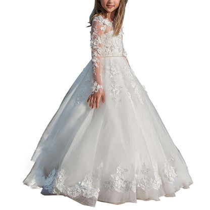 White First Communion Dresses Kids Ball Gowns Vestidos Para Nina Formal Wedding Party Long Lace Little Bride Flower Girl Dresses