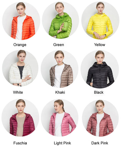 Winter Women Ultra Light Down Jacket Whie Duck Down Hooded Jackets Long Sleeve Warm Slim Coat Parka Female Solid Portabl Outwear