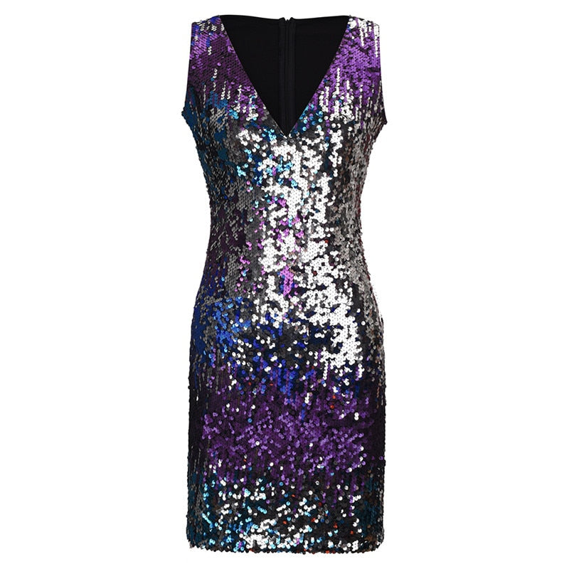 Women 2018 Party Dresses Christmas Tank Sequin Bodycon Sexy V-Neck Sleeveless Sheath Club Midi Dress  Luxury Celebrity Vestidos