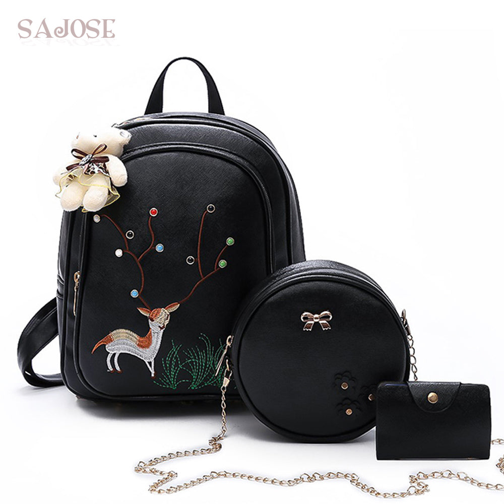 Women Backpack School Bags Leather Fashion Black 3 Sets Backpacks For Teenage Girls Bear Rivet Composite Shoulder Bag SAJOSE