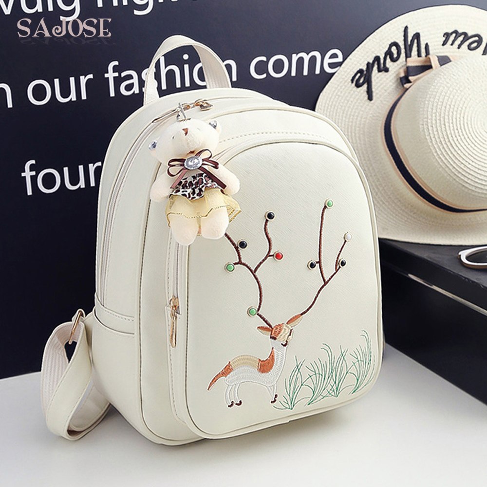 Women Backpack School Bags Leather Fashion Black 3 Sets Backpacks For Teenage Girls Bear Rivet Composite Shoulder Bag SAJOSE