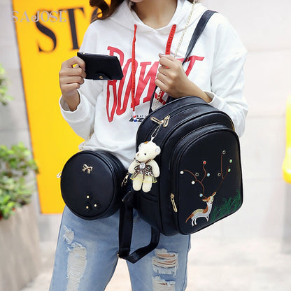 Women Backpack School Bags Leather Fashion Black 3 Sets Backpacks For Teenage Girls Bear Rivet Composite Shoulder Bag SAJOSE